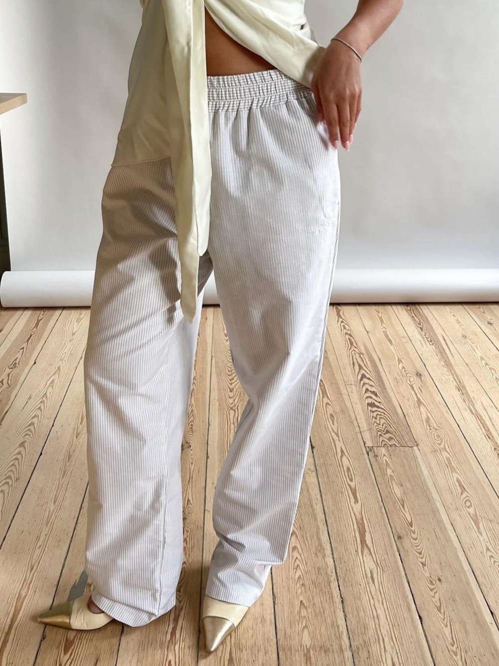 Djerf Avenue Beige Striped Breezy Wide-Leg Pants